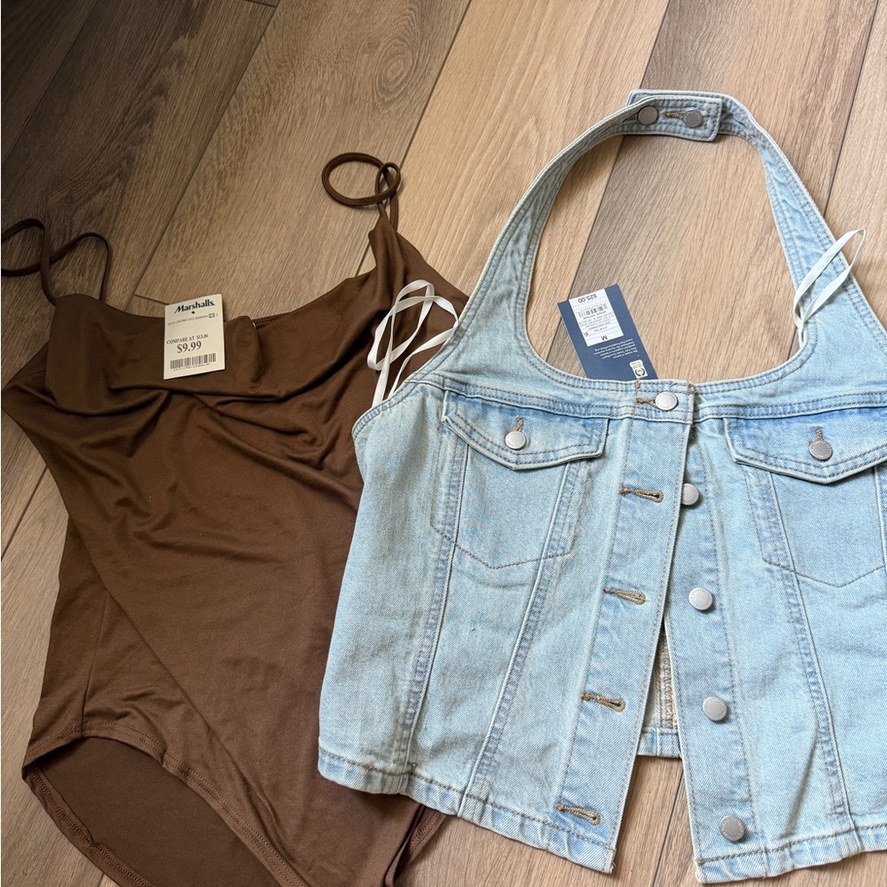 Denim Button-Front Halter Vest - Light Blue & Brown Bodysuit Set
